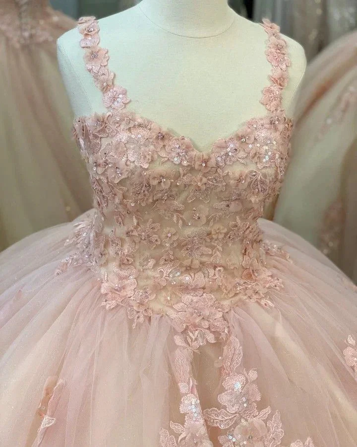 Quinceanera Sweet Tulle Ball Gown 16 Lace Pink Party Flower Sparkly Prom Dress Y3027 by simplepromdress