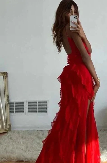 Red Ruffle Long Formal Dress Elegant Evening Dresses Y6823 by simplepromdress