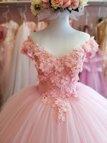 Vestido romántico de tul rosa con apliques Y2685