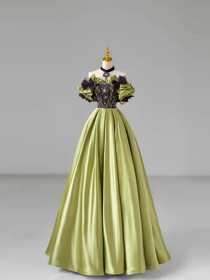 Chic Green Bow Lace Beaded Satin Prom Dress Off-The-Shoulder Ball Gown Y7745 by simplepromdress