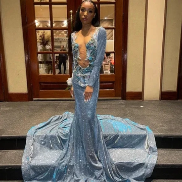 Gorgeous Blue Satin Beaded Appliques Formal Prom Dress Sexy Backless Mermaid Evening Dress Y7949 by simplepromdress