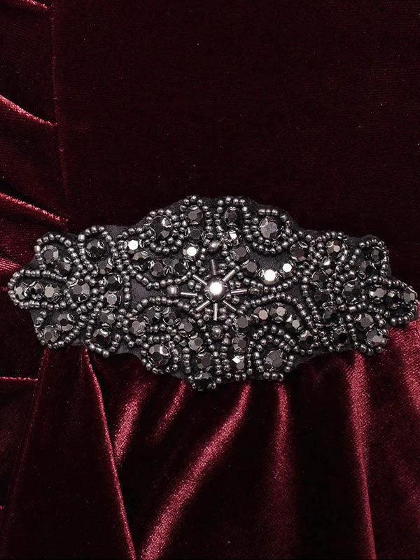 Short Velvet Sheath Dress with Surplice Neckline, Cascade Skirt and Embellishment Detail at Hip by Dreamylily