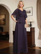 A-line V-Neck Floor-Length Chiffon Mother of the Bride Dress With Pleated Beading by Dreamylily
