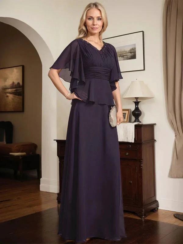 A-line V-Neck Floor-Length Chiffon Mother of the Bride Dress With Pleated Beading by Dreamylily