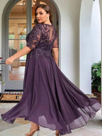 A-line Scoop Illusion Asymmetrical Chiffon Lace Mother of the Bride Dress With Sequins by Dreamylily