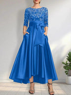 A-line Scoop Illusion Asymmetrical Satin Lace Mother of the Bride Dress With Bow by Dreamylily
