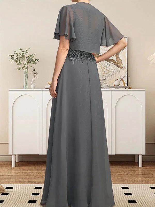 A-line Scoop Illusion Floor-Length Lace Chiffon Mother of the Bride Dress With Sequins by Dreamylily
