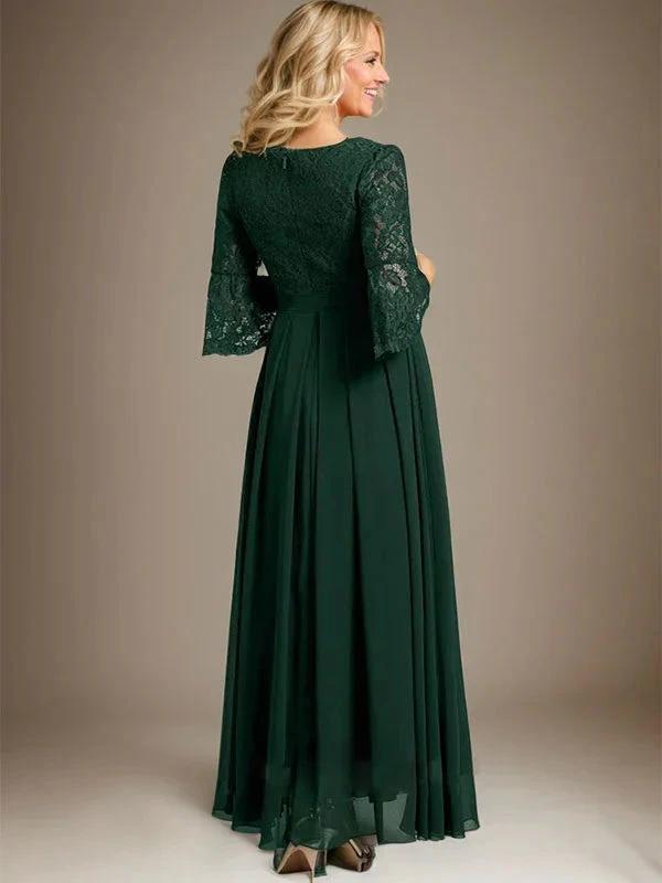 A-line Scoop Ankle-Length Lace Chiffon Mother of the Bride Dress With Bow by Dreamylily