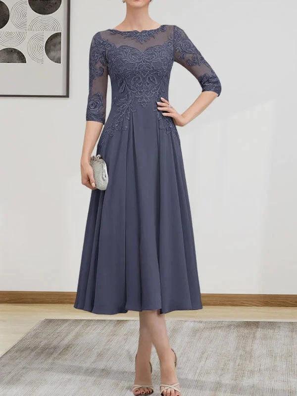 A-line Scoop Illusion Tea-Length Chiffon Lace Mother of the Bride Dress With Beading Sequins by Dreamylily