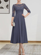 A-line Scoop Illusion Tea-Length Chiffon Lace Mother of the Bride Dress With Beading Sequins by Dreamylily