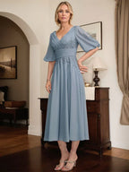 A-line V-Neck Tea-Length Lace Chiffon Mother of the Bride Dress With Pleated by Dreamylily