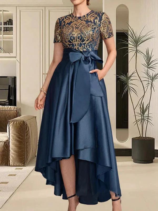 A-line Scoop Asymmetrical Satin Sequin Lace Mother of the Bride Dress With Bow by Dreamylily