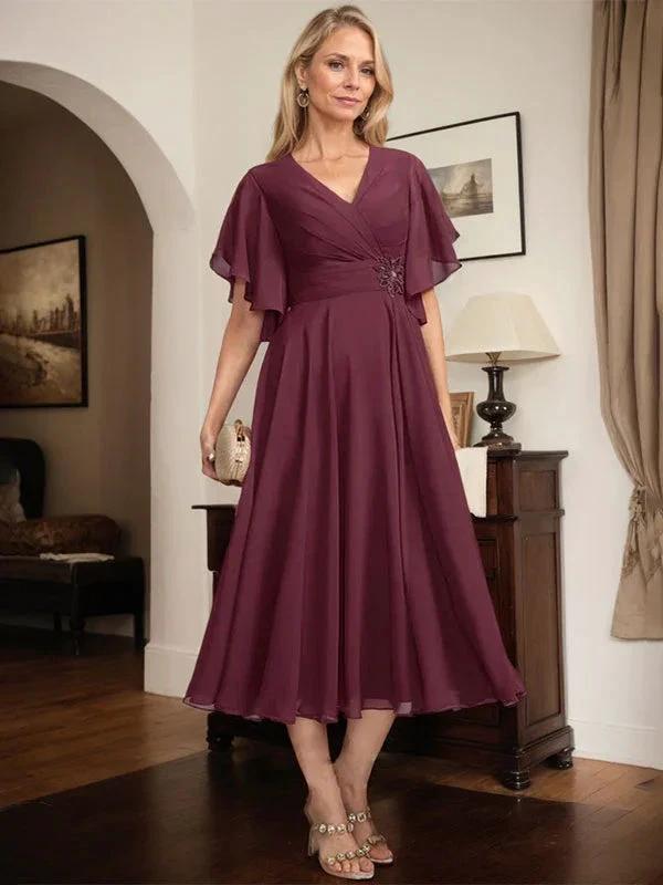 A-line V-Neck Tea-Length Chiffon Mother of the Bride Dress With Pleated Beading by Dreamylily