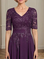 A-line V-Neck Tea-Length Lace Chiffon Mother of the Bride Dress With Sequins by Dreamylily