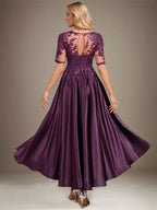 A-line Scoop Illusion Asymmetrical Stretch Satin Lace Mother of the Bride Dress With Sequins by Dreamylily