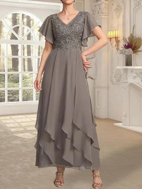 A-line V-Neck Ankle-Length Lace Chiffon Mother of the Bride Dress With Cascading Ruffles by Dreamylily