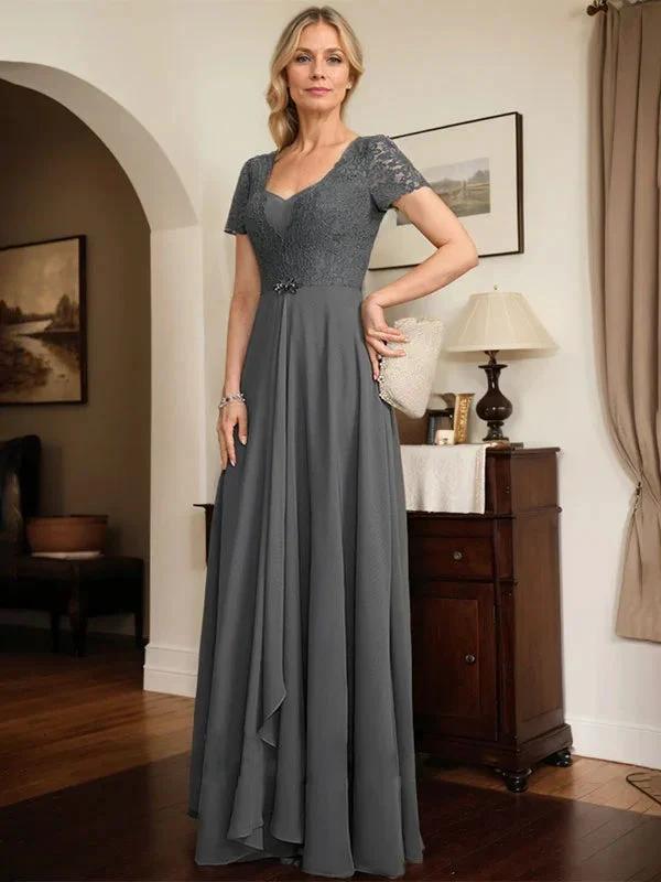 A-line Sweetheart Floor-Length Chiffon Lace Mother of the Bride Dress With Beading Cascading Ruffles by Dreamylily