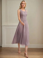 A-line Scoop Tea-Length Lace Chiffon Mother of the Bride Dress by Dreamylily