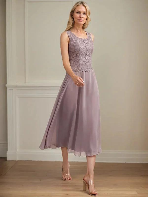A-line Scoop Tea-Length Lace Chiffon Mother of the Bride Dress by Dreamylily