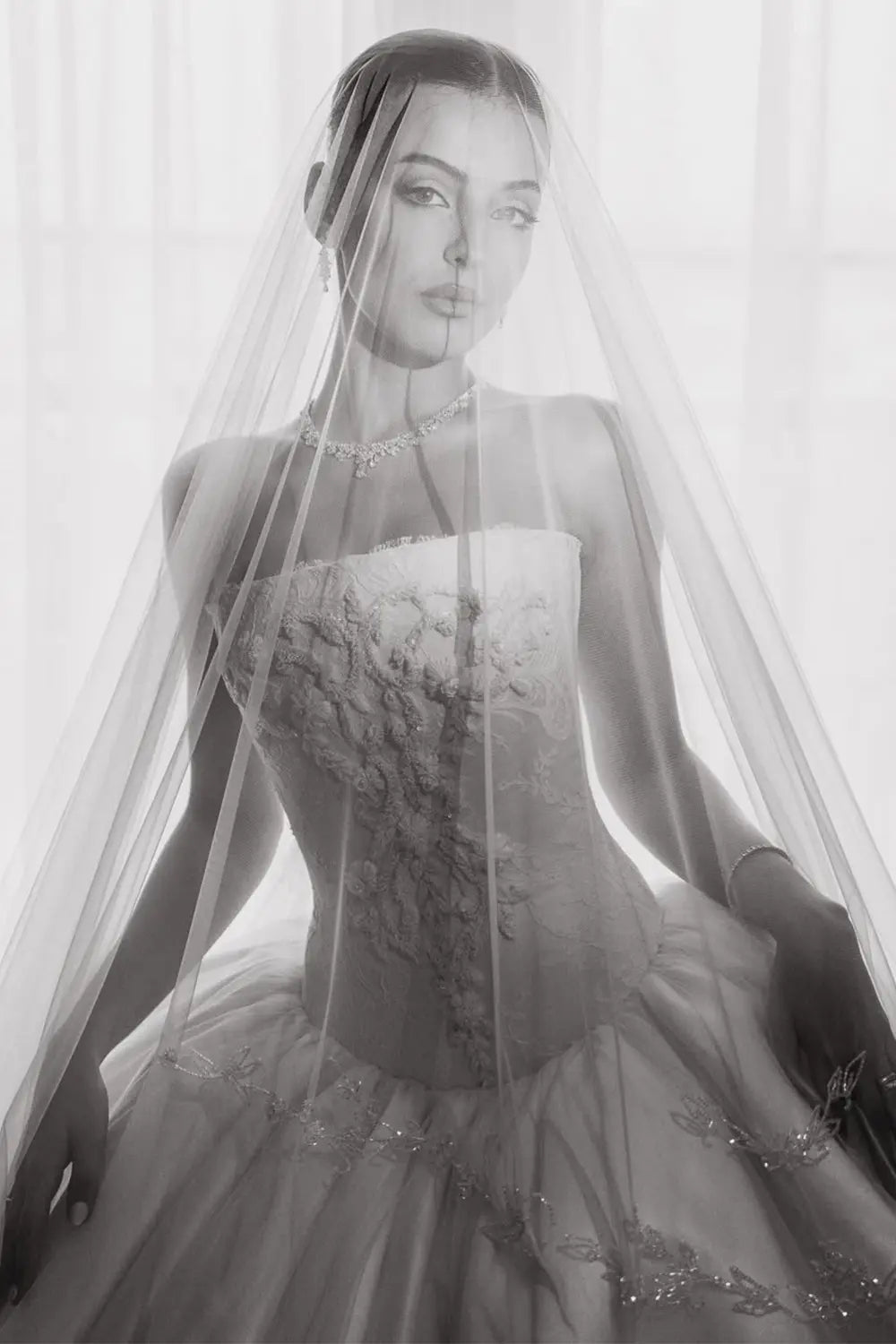 White Satin Tulle Ball Gown Bridal Dress with Embroidered Lace Bodice SW745
