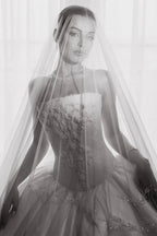 White Satin Tulle Ball Gown Bridal Dress with Embroidered Lace Bodice SW745