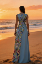 Sky Blue Floral Print Asymmetrical Maxi Dress For Summer Events by tangjianjun