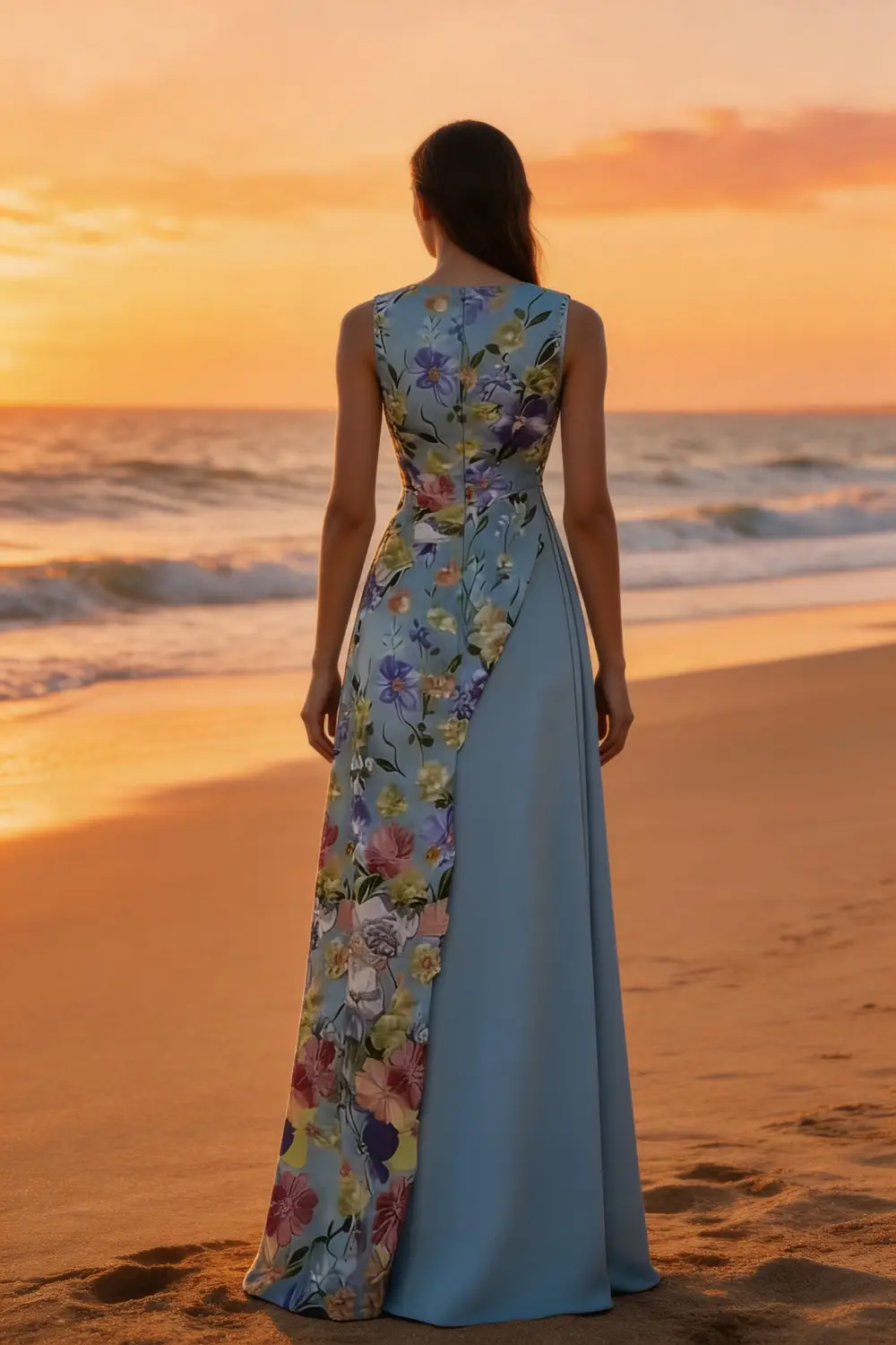 Sky Blue Floral Print Asymmetrical Maxi Dress For Summer Events by tangjianjun