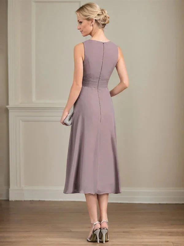 A-line Scoop Tea-Length Chiffon Mother of the Bride Dress With Pleated by Dreamylily