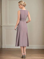 A-line Scoop Tea-Length Chiffon Mother of the Bride Dress With Pleated by Dreamylily
