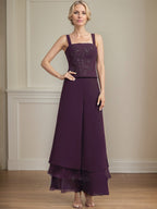 Separates Jumpsuit/Pantsuit Square Ankle-Length Lace Chiffon Mother of the Bride Dress With Sequins