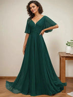 A-line V-Neck Floor-Length Chiffon Mother of the Bride Dress With Sequins Appliques Lace Pleated by Dreamylily