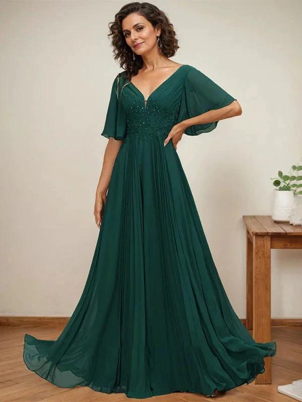 A-line V-Neck Floor-Length Chiffon Mother of the Bride Dress With Sequins Appliques Lace Pleated by Dreamylily