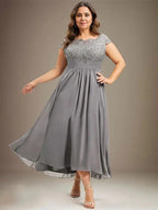 A-line Scoop Illusion Asymmetrical Lace Chiffon Mother of the Bride Dress With Pleated by Dreamylily