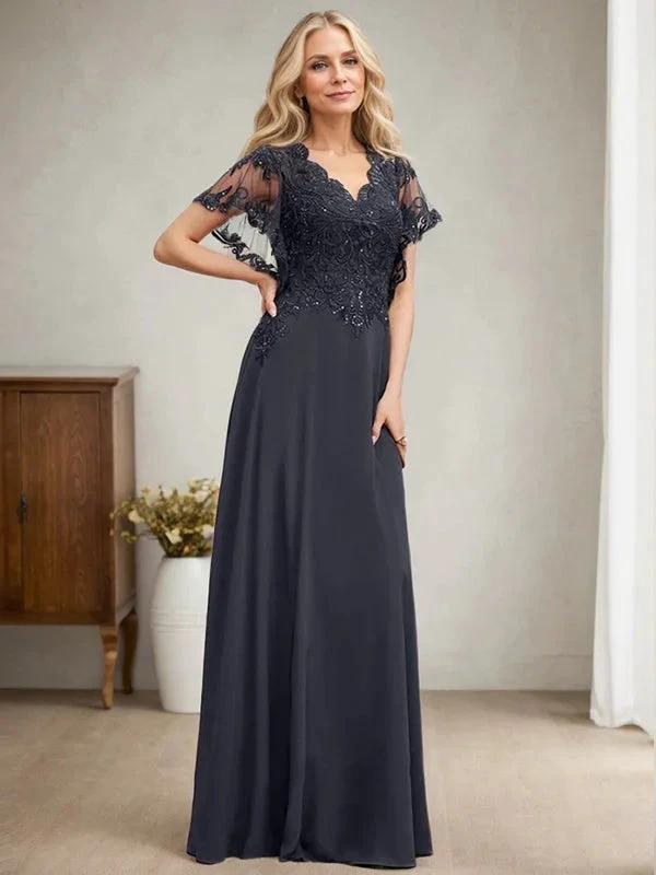 A-line V-Neck Floor-Length Lace Chiffon Mother of the Bride Dress With Sequins by Dreamylily