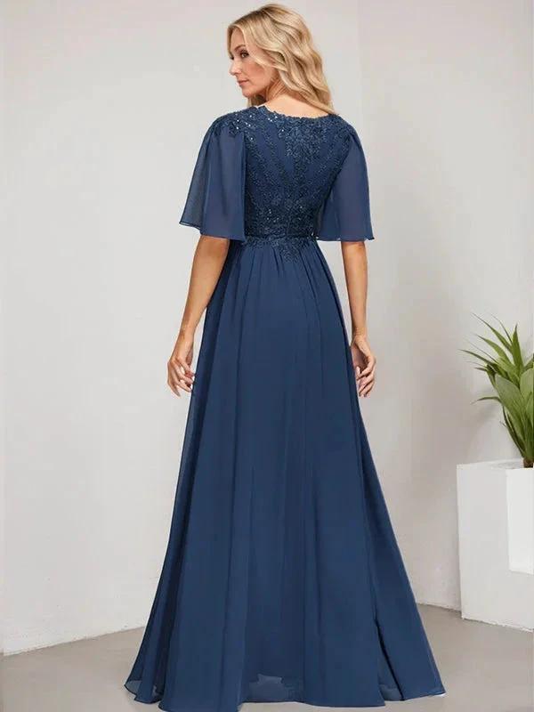 A-line V-Neck Floor-Length Lace Chiffon Mother of the Bride Dress With Sequins by Dreamylily