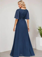 A-line V-Neck Floor-Length Lace Chiffon Mother of the Bride Dress With Sequins by Dreamylily