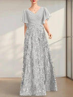 A-line V-Neck Floor-Length Lace Sequin Chiffon Mother of the Bride Dress With Pleated by Dreamylily