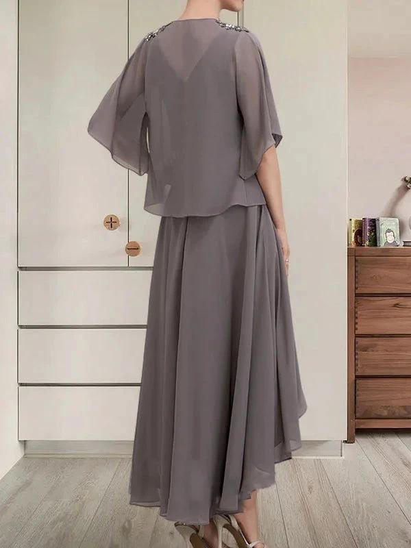 A-line V-Neck Asymmetrical Chiffon Mother of the Bride Dress With Beading Sequins by Dreamylily