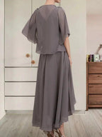 A-line V-Neck Asymmetrical Chiffon Mother of the Bride Dress With Beading Sequins by Dreamylily