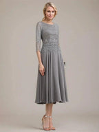A-line Scoop Tea-Length Lace Chiffon Mother of the Bride Dress by Dreamylily