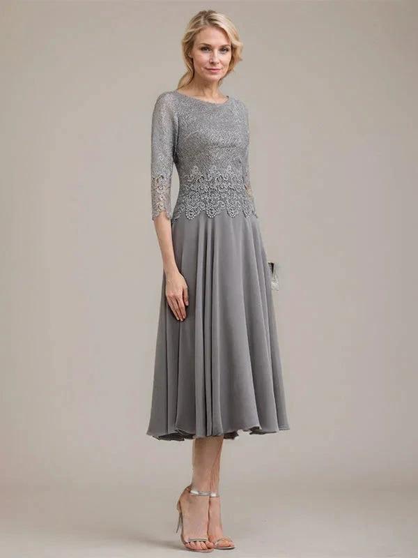 A-line Scoop Tea-Length Lace Chiffon Mother of the Bride Dress by Dreamylily