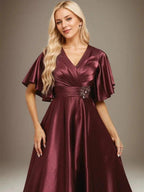 A-line V-Neck Tea-Length Stretch Satin Mother of the Bride Dress With Beading Pleated by Dreamylily