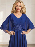A-line V-Neck Tea-Length Chiffon Mother of the Bride Dress With Pleated Sequins Appliques Lace Beadind by Dreamylily