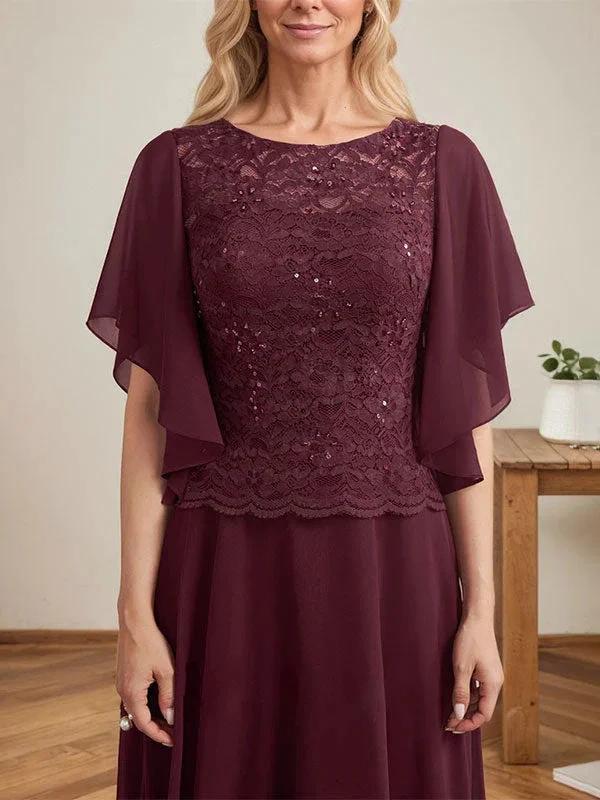 A-line Scoop Illusion Floor-Length Lace Chiffon Mother of the Bride Dress With Sequins by Dreamylily