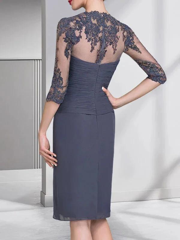 Sheath/Column Sweetheart Knee-Length Chiffon Mother of the Bride Dress With Beading Appliques Lace Sequins Pleated by Dreamylily