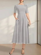 A-line Scoop Tea-Length Chiffon Mother of the Bride Dress With Appliques Lace Sequins by Dreamylily