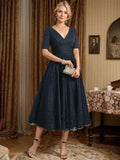 A-line V-Neck Tea-Length Tulle Lace Mother of the Bride Dress With Pleated by Dreamylily