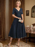 A-line V-Neck Tea-Length Tulle Lace Mother of the Bride Dress With Pleated by Dreamylily