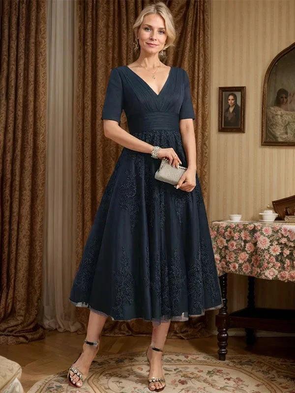 A-line V-Neck Tea-Length Tulle Lace Mother of the Bride Dress With Pleated by Dreamylily