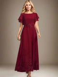 Abito da madre della sposa in chiffon di pizzo con scollo a U, lunghezza alla caviglia, linea a trapezio, con paillettes